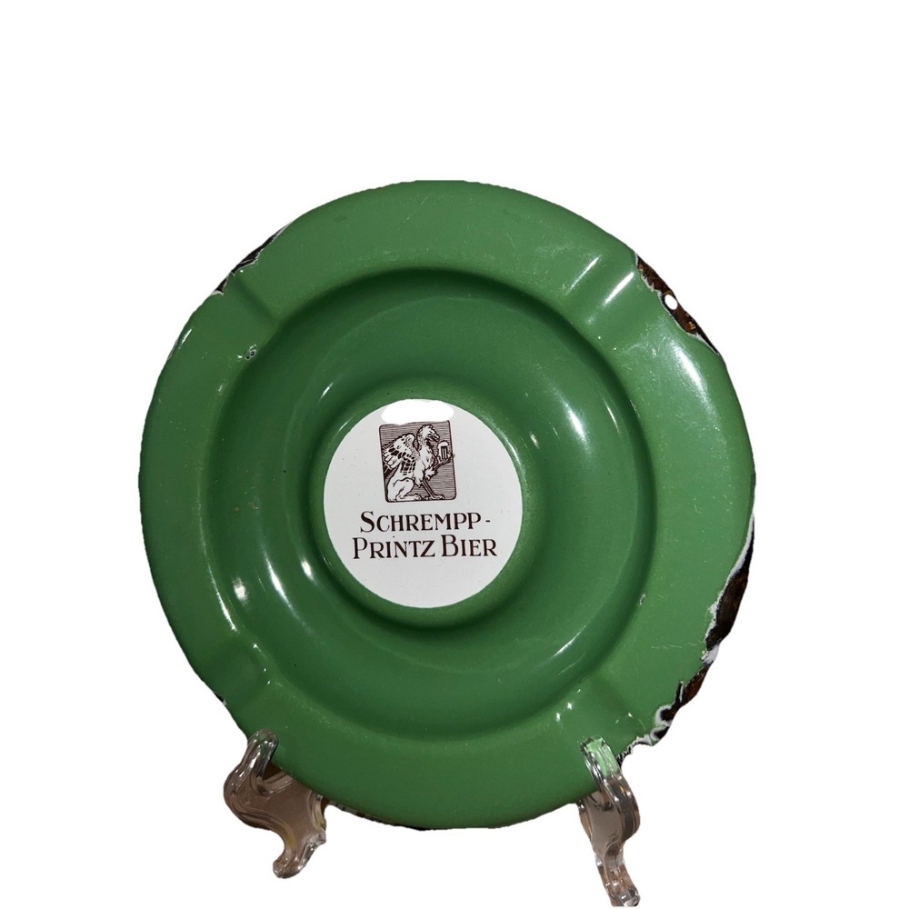 Vintage Schrempp-Printz Bier Green Enamel Advertising Ashtray German Brewery